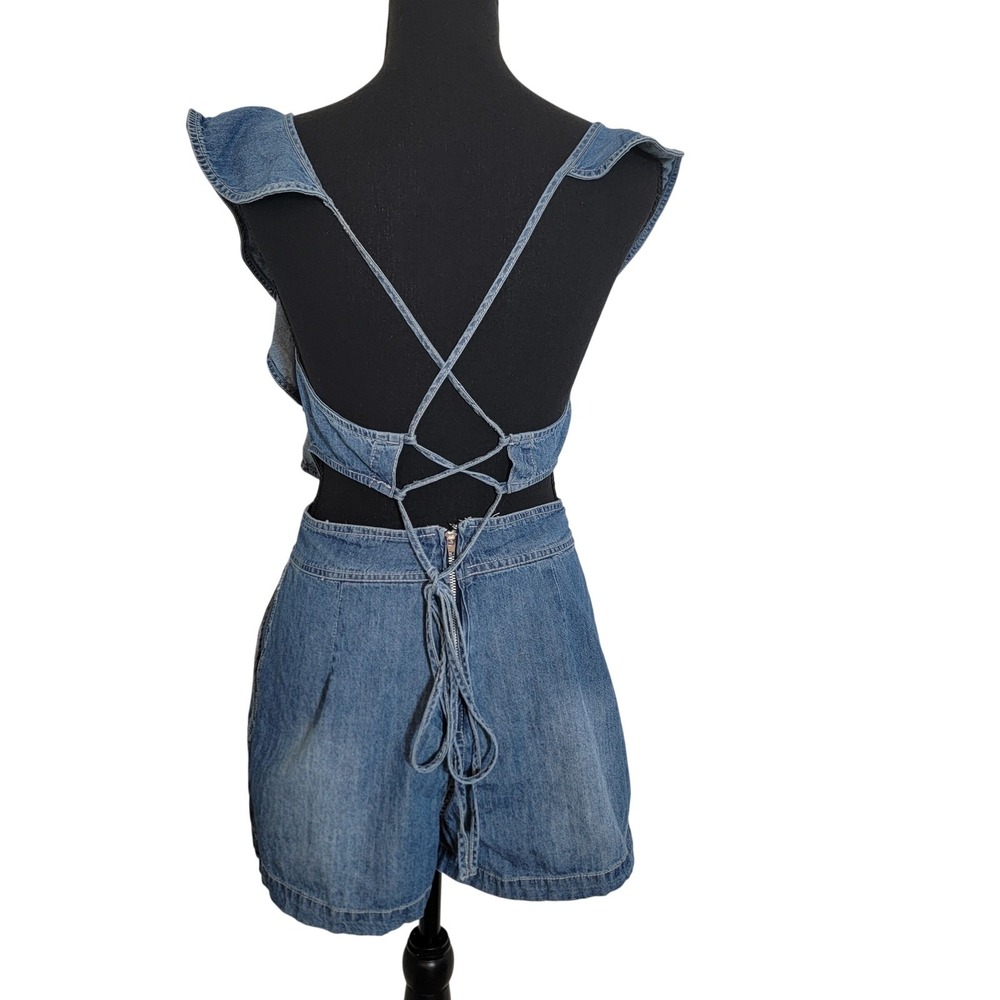 Blue Denim Ruffle Lace Up Back Cut Out Romper Small Wash Boho Festival - Picture 2 of 15